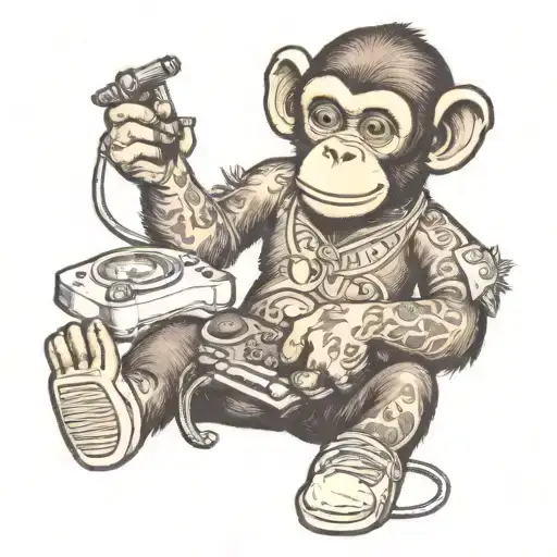 A Traditional Tattoo Of A Monkey Holding A Playstation Controller