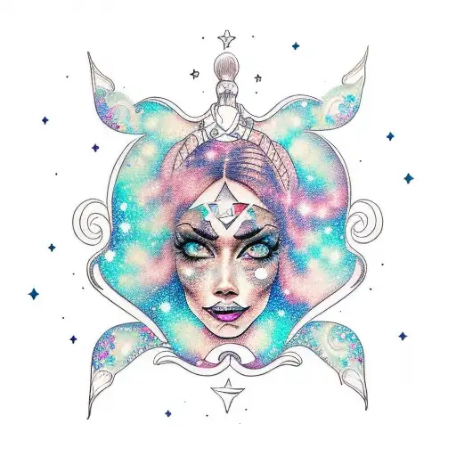 Astronema's Face With A Galaxy Background And Intricate Dotwork Details
