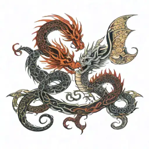 Two Intertwined Dragons With Floral Patterns In Red Hues