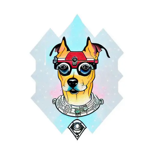 A New-trad Tattoo Of A Cyberpunk Pinscher Dog With The Right Arm Full Robotic In Military Position