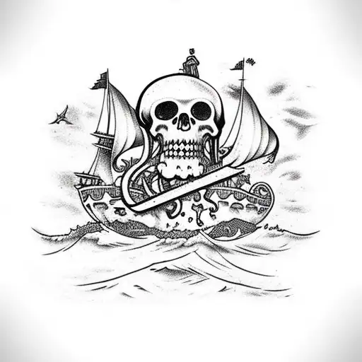 Greedy Colossal Squid Holding A Sinking Pirate Ship In The Ocean