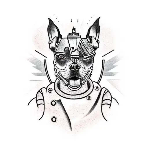 A New-trad Tattoo Of A Cyberpunk Pinscher Dog With The Right Arm Full Robotic In Military Position