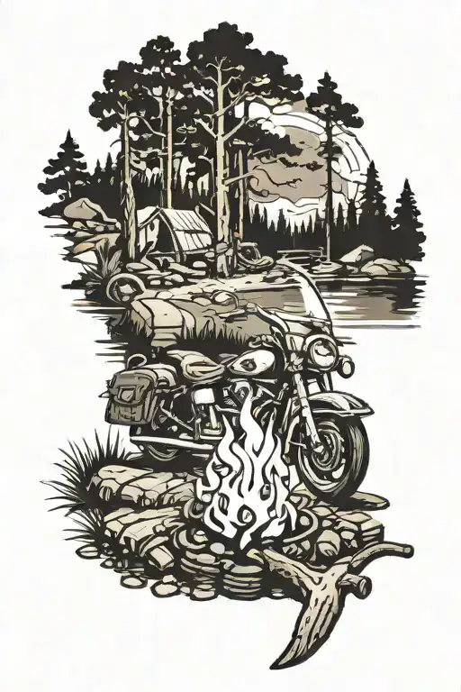 A Camping Scene With A Harley Davidson Motorcycle Parked Next To A Roaring Campfire In The Forest