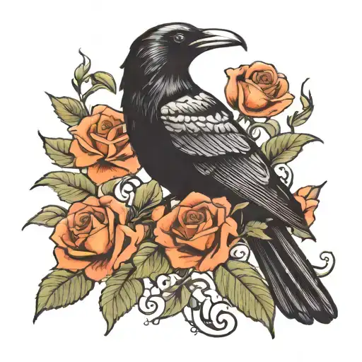 Crow Sitting In Roses Blooming