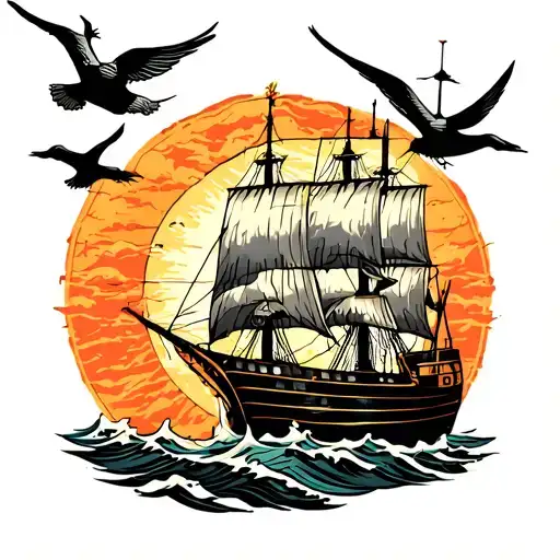 Ship And Swallows Flying Towards The Sun