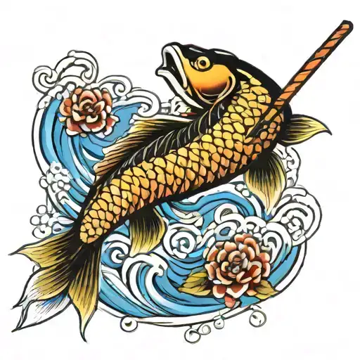 A Traditional Japanese Koi Fish Swimming Upstream With A Samurai Sword In Its Mouth