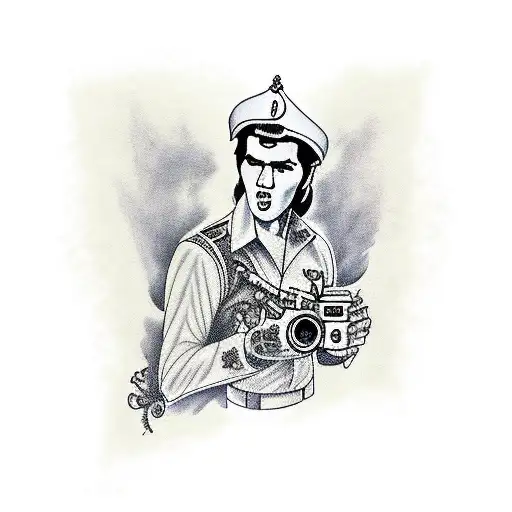 A Traditional Style Tattoo Of Elvis Presley Holding A Camera And Sipping Coffee