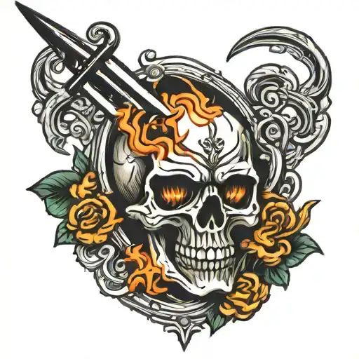 Flaming Skull With A Dagger Through It