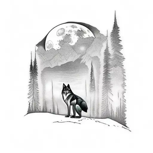 Tattoo Sleeve With Wolf Standing At Lake In Front Of A Forest With A Full Moon In The Sky