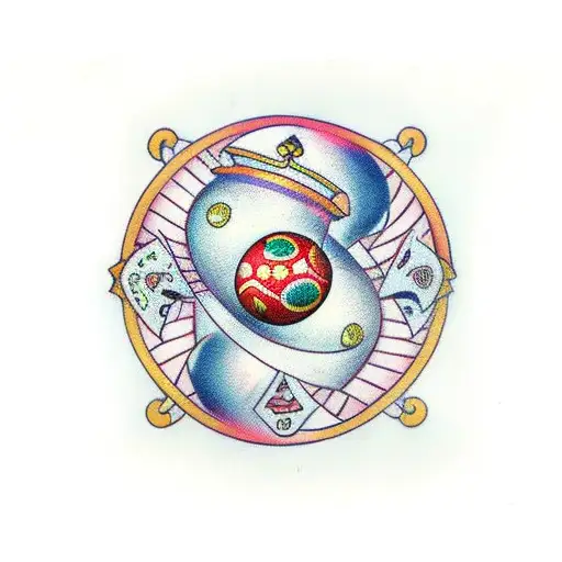 A Traditional Tattoo Of A Cartoon Scene With Balls Incorporated In A Juggling Pattern