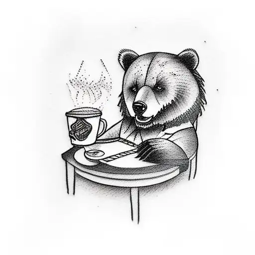 A Traditional Style Tattoo Of A Bear Sitting At A Coffee Shop Table With A Guitar