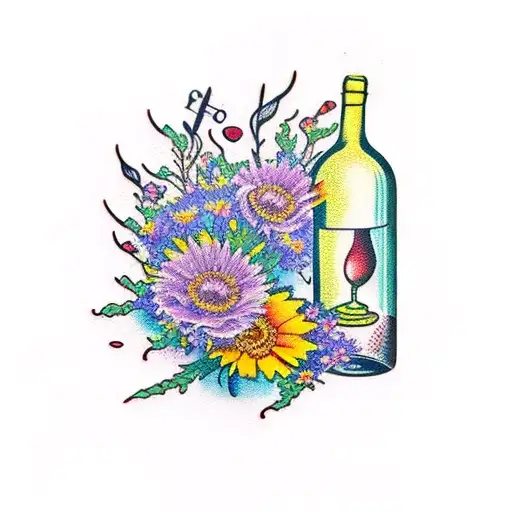 Wine Bottle With Aster Flowers And An Hourglass Inside