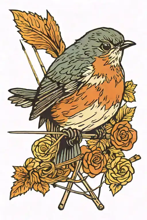 Knitting Needles And Yarn Robin Perched