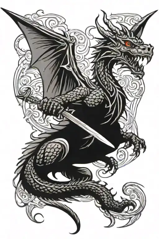 A Dragon With A Fiery Sword Going Through It's Neck