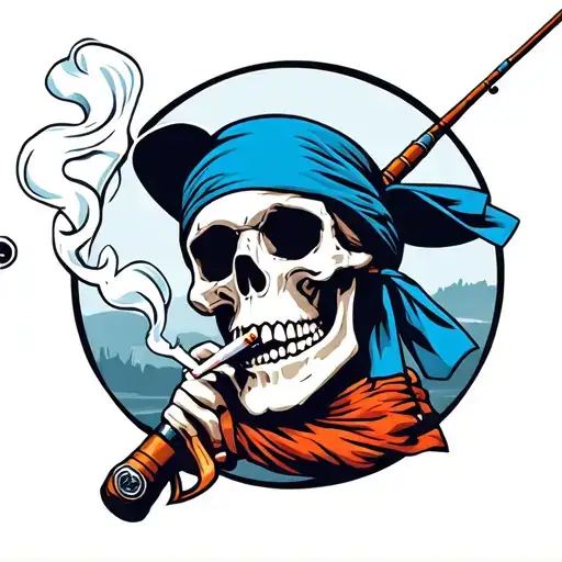 Skull Smoking A Cigarette Wearing Bandana Holding A Fishing Pole