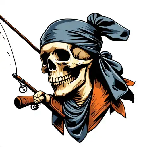 Smoking Skull Wearing Bandana Holding A Fishing Pole