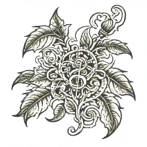 A Traditional Tattoo Of A Plant Morphing Into A Musical Staff With Puzzle Pieces As Leaves