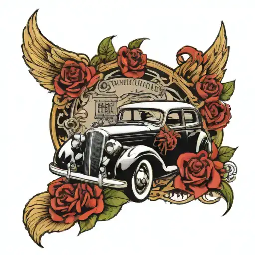A Vintage Car With Patch Tattoos On Its Hood And Doors
