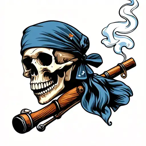Smoking Skull Wearing Bandana Holding A Fishing Pole
