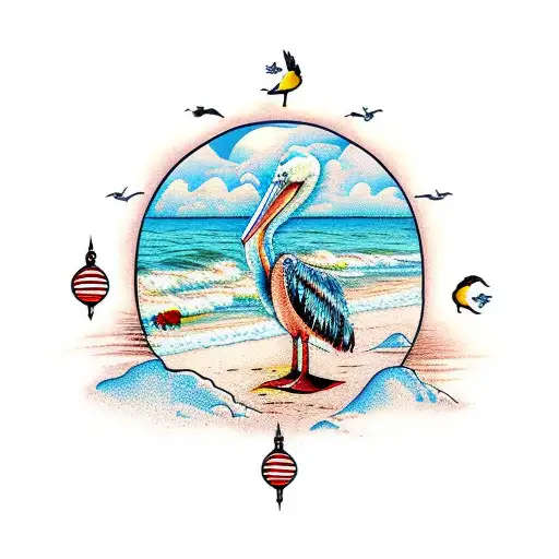 Beach Scene With A Pelican On A Pilon And A Dock