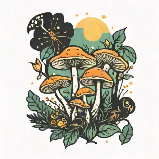 A Traditional Style Tattoo Of A Mystical Forest With Hidden Mushrooms And Glowing Fireflies