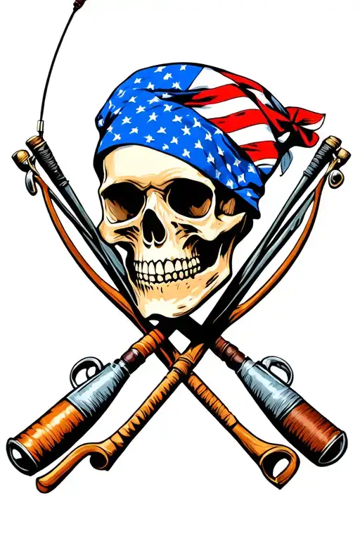 Skull With American Flag Bandana Fishing Poles Crossed