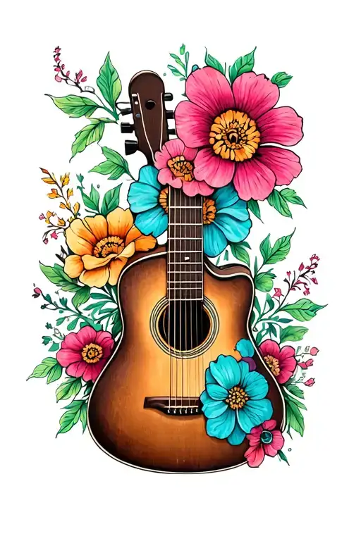 Acoustic Guitar With Painted Flowers