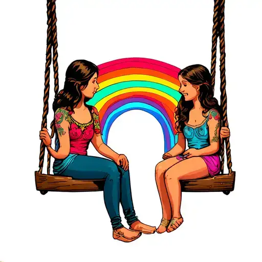 Mom With 2 Daughters On A Swing And A Rainbow