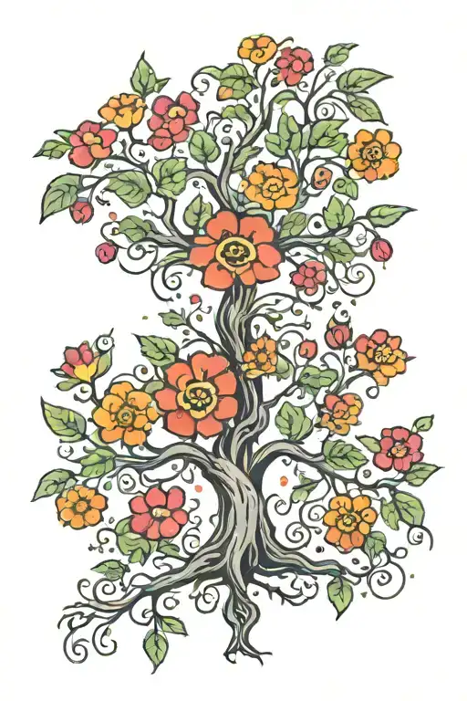 A Traditional Tattoo Of A Sacred Tree From Mexican Folklore Intertwined With Colorful Flowers