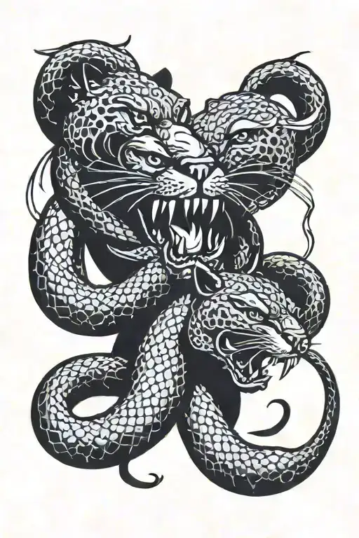 Full Traditional Panther With Snake Fighting Each Other