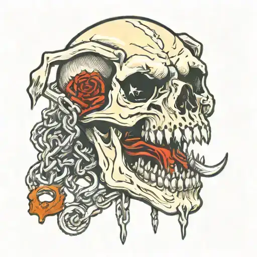 Dog Skull Gnawing Chain With Mouth And Some Blood Stains Skull Angled Like Biker Patch