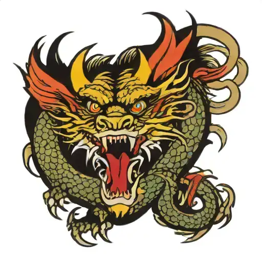 A Traditional Style Tattoo Featuring A Dragon And Yakuza Symbolism