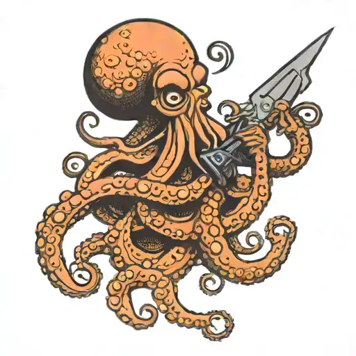 Octopus Fighting A Man Holding Knife