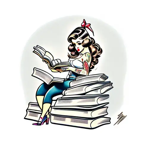 Full Length Pin Up Girl Reading A Book While Sitting On A Stack Of Books