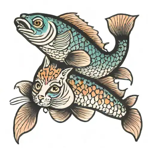 A Fish With Human Arms Hugs Two Cats