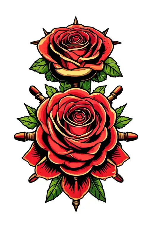 Ship Helm And Rose Surrounded