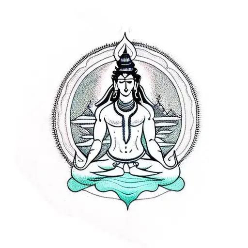 A Blackwork Tattoo Of Lord Shiva Meditating In A Serene Mountain Setting