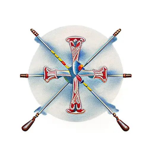 A Traditional Style Cross With Pool Cues And Golf Clubs Intertwined