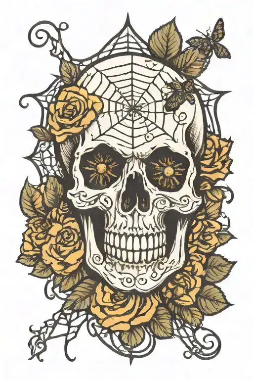 Skull With A Spiderweb Surrounded By Flowers
