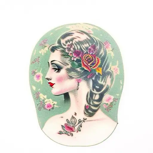 Vintage Floral Lady Profile Reading An Opened Book Surrounded By Bold Floral Frame