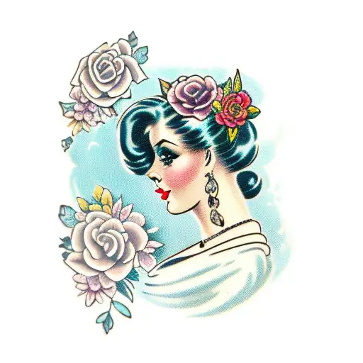 Vintage Lady Head Profile With Open Page Book Surrounded By Florals