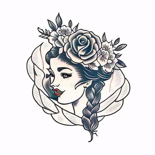 Side Traditional Lady Head Tattoo Holding Books With A Floral Crown Surrounded By Bold Flowers