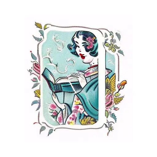 Vintage Lady Reading Opened Books Surrounded By Floral Frame
