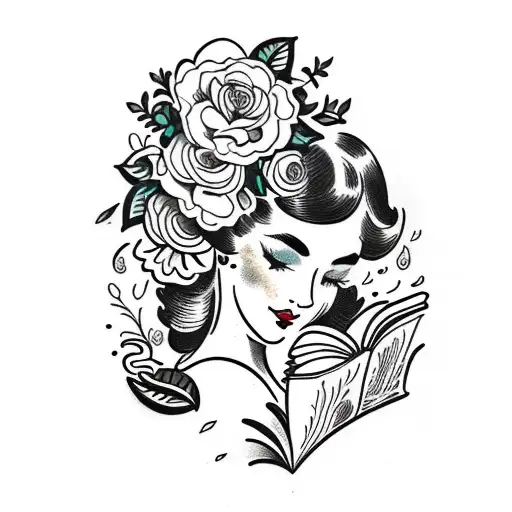 Vintage Floral Lady Profile Reading An Opened Book Surrounded By Bold Floral Frame