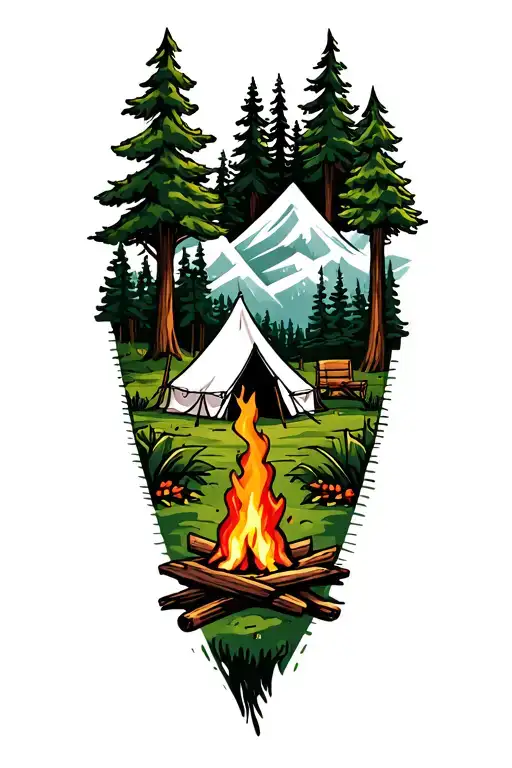 Outdoor Scene With Tents And Camp Fire With Trees And Nature Elements