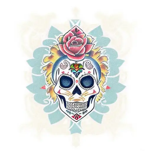 A Traditional Tattoo Of A Mexican Sugar Skull Adorned With Gaming-themed Patterns And A Lion's Mane