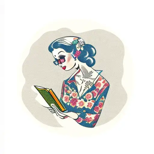 Vintage Lady Reading An Opened Book Surrounded By Bold Floral Frame