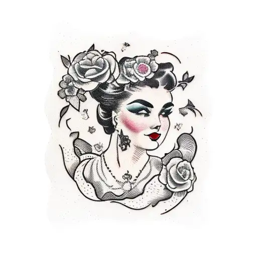 Vintage Lady Head With Bold Florals And Open Book Frame