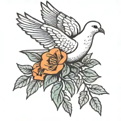 Dove With An Olive Branch And Flower Blooming
