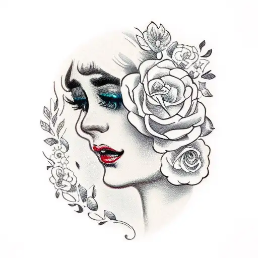 Vintage Floral Lady Profile Reading An Opened Book Surrounded By Bold Floral Frame